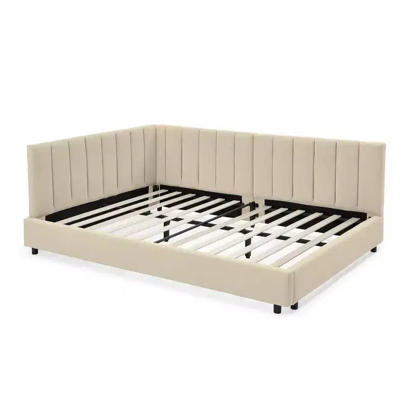 Full Size Upholstered Daybed Frame with Backrest and Armrests, Modern L Shaped Corner Bed for Bedroom Living Room