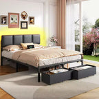 Full Size Upholstered Platform Bed Frame LED Lights Charging Station USB Port 2 Storage Drawers No Box Spring Needed Faux Leather Metal Black