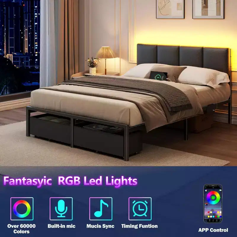 Full Size Upholstered Platform Bed Frame LED Lights Charging Station USB Port 2 Storage Drawers No Box Spring Needed Faux Leather Metal Black
