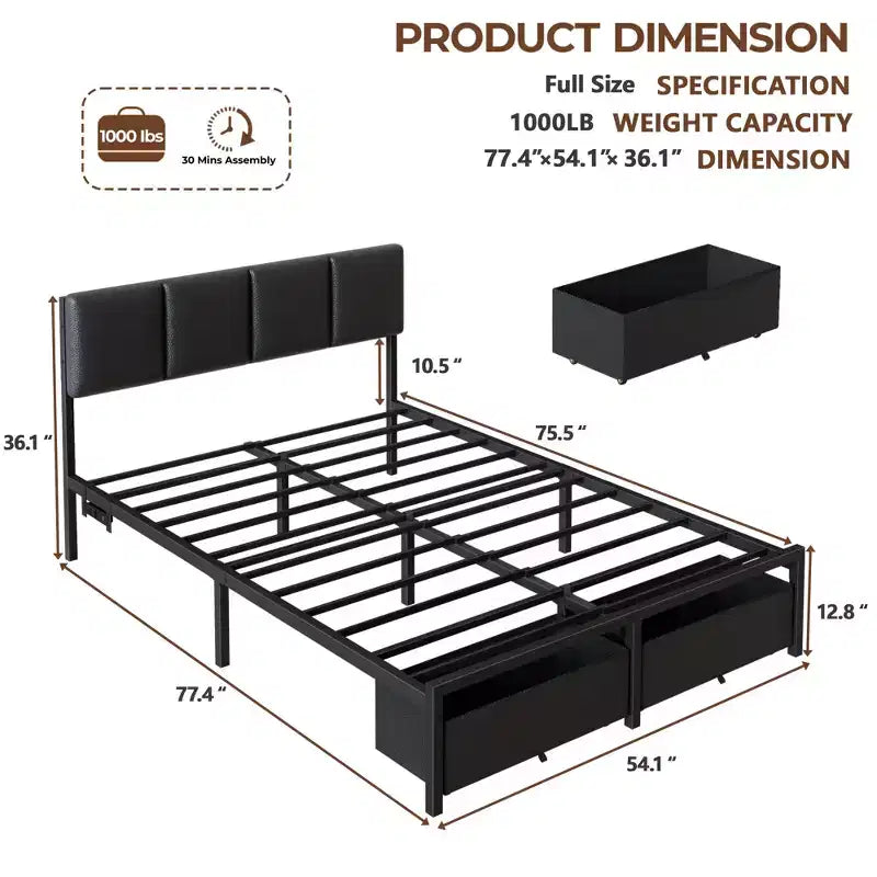 Full Size Upholstered Platform Bed Frame LED Lights Charging Station USB Port 2 Storage Drawers No Box Spring Needed Faux Leather Metal Black