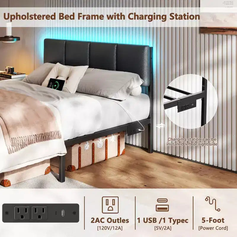Full Size Upholstered Platform Bed Frame LED Lights Charging Station USB Port 2 Storage Drawers No Box Spring Needed Faux Leather Metal Black