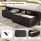Full Size Upholstered Platform Bed Frame LED Lights Charging Station USB Port 2 Storage Drawers No Box Spring Needed Faux Leather Metal Black