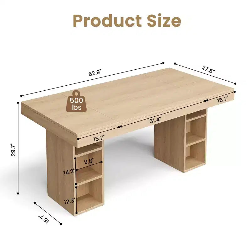 Double Pedestal Rectangular Wood Dining Table for 6, Spacious Kitchen Table with Dual Side Storage, Sturdy Dining Room Table for Home or Office